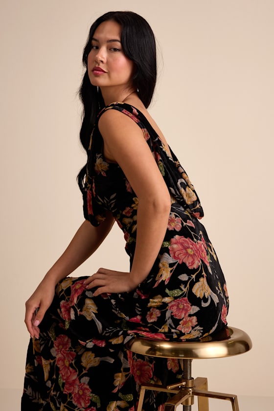 Image of Prim Black Multi Floral Burnout Velvet Cowl Back Maxi Dress