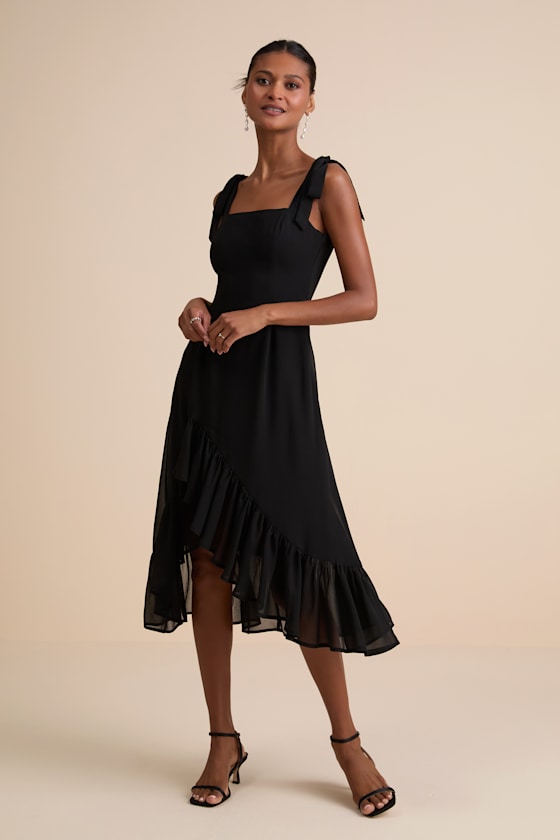 Image of Tamryn Black Asymmetrical Ruffled Midi Dress