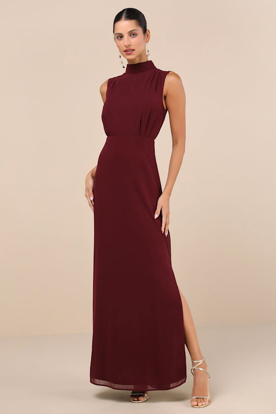 Image of Classic Elegance Plum Chiffon Sleeveless Mock Neck Maxi Dress
