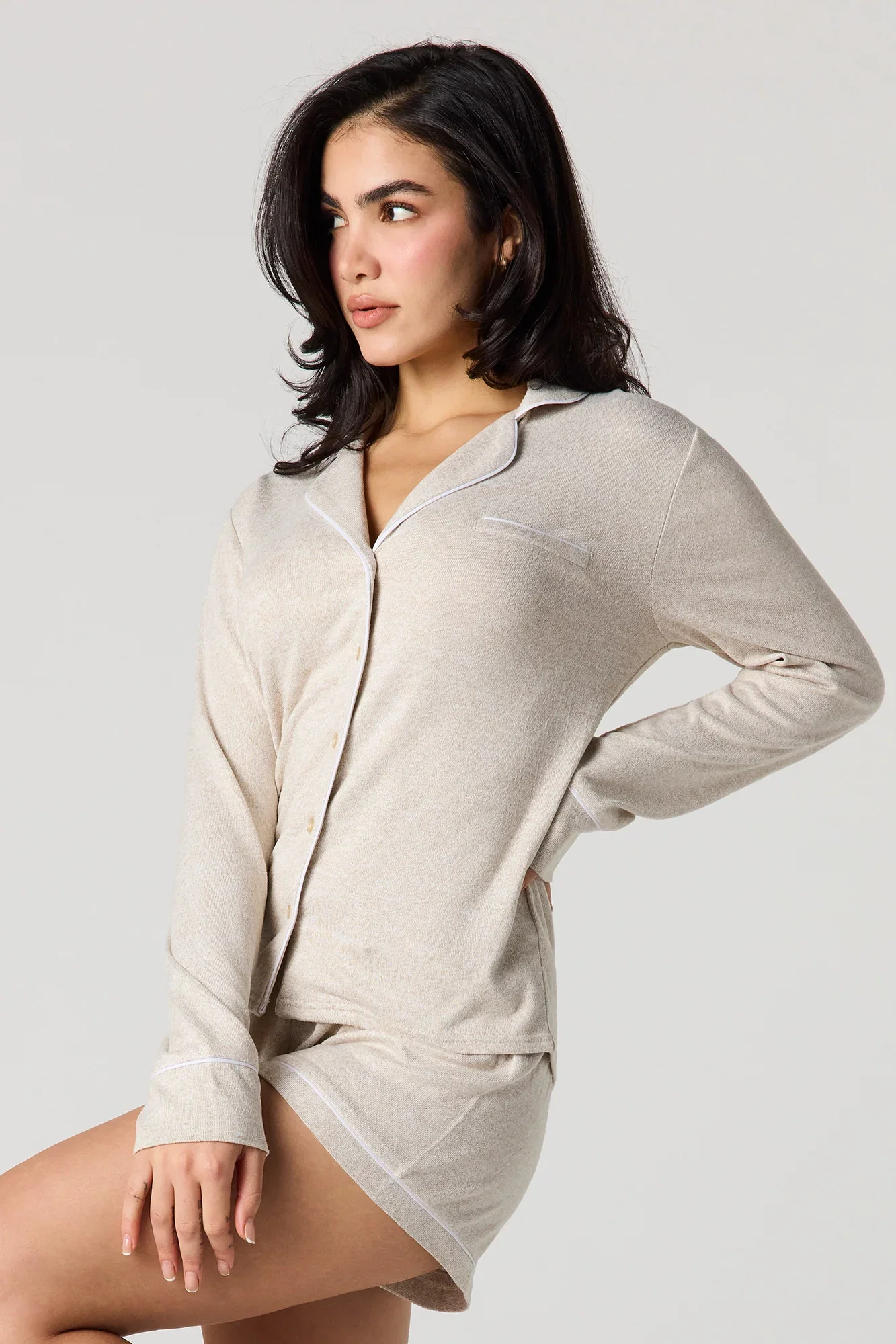 Image of Collared Long Sleeve Top & Short Pajama Set