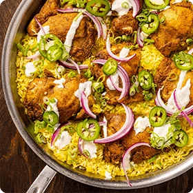 Lemon-Turmeric Chicken and Rice with Pickled Red Onion