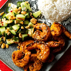 Red Curry Shrimp with Coconut Rice and Cucumber Relish