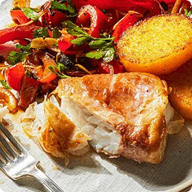 Prosciutto-Wrapped Cod with Crispy Polenta and Roasted Red Pepper Relish