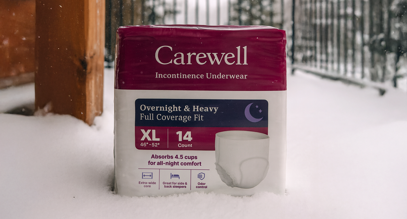 Carewell Incontinence Underwear sitting on a kitchen countertop surrounded by holiday decorations