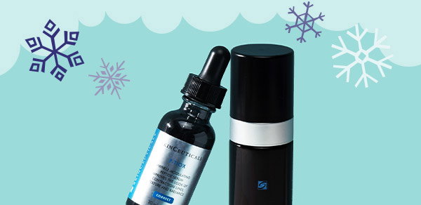 SkinCeuticals top-selling products on top of snow with ornaments around