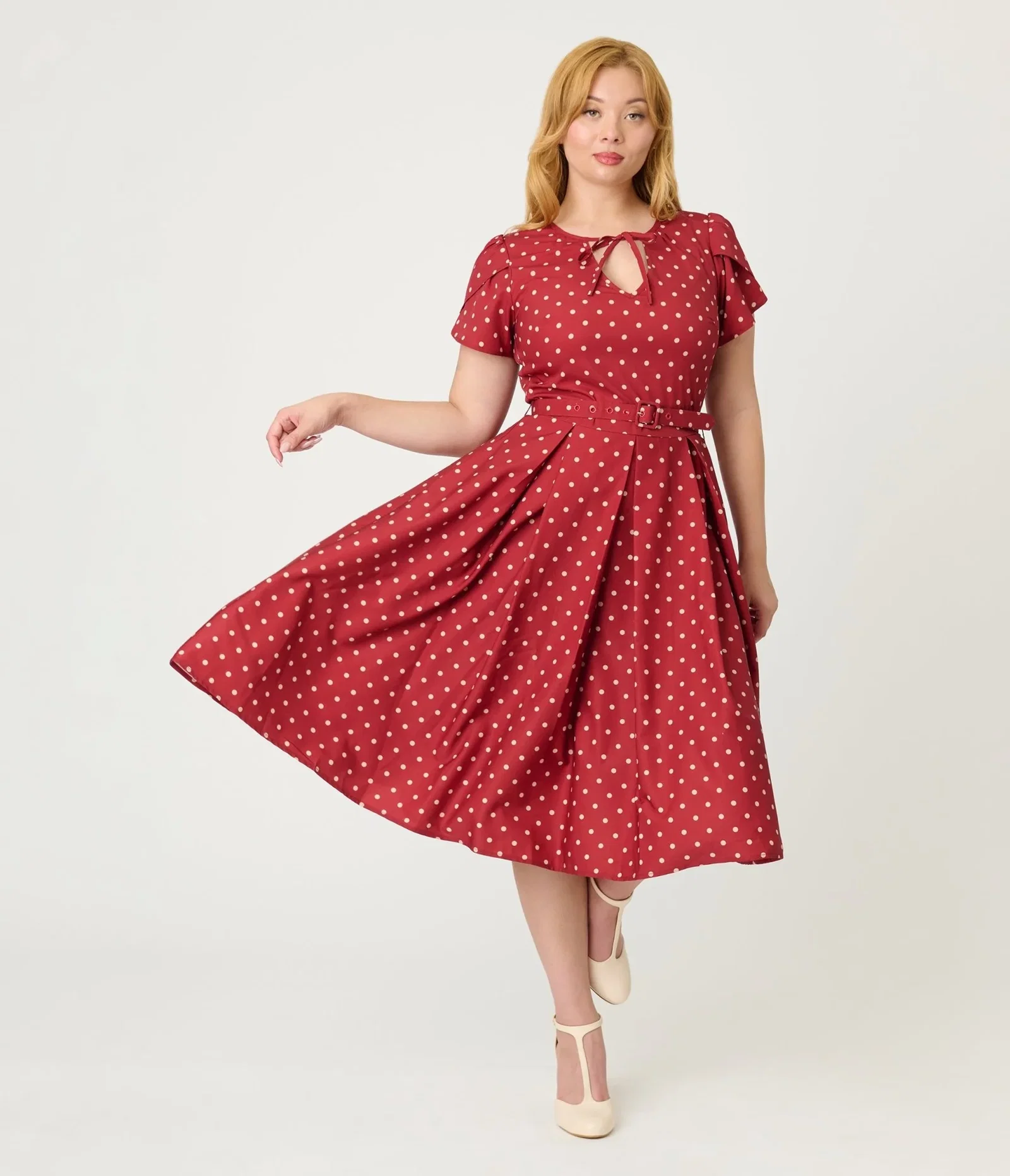 Image of Unique Vintage Red & Ivory Polka Dot Dahlia Swing Dress
