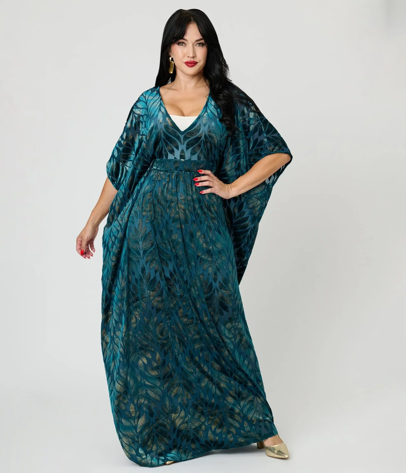 Image of Unique Vintage Teal Leaf Burnout Burton Caftan