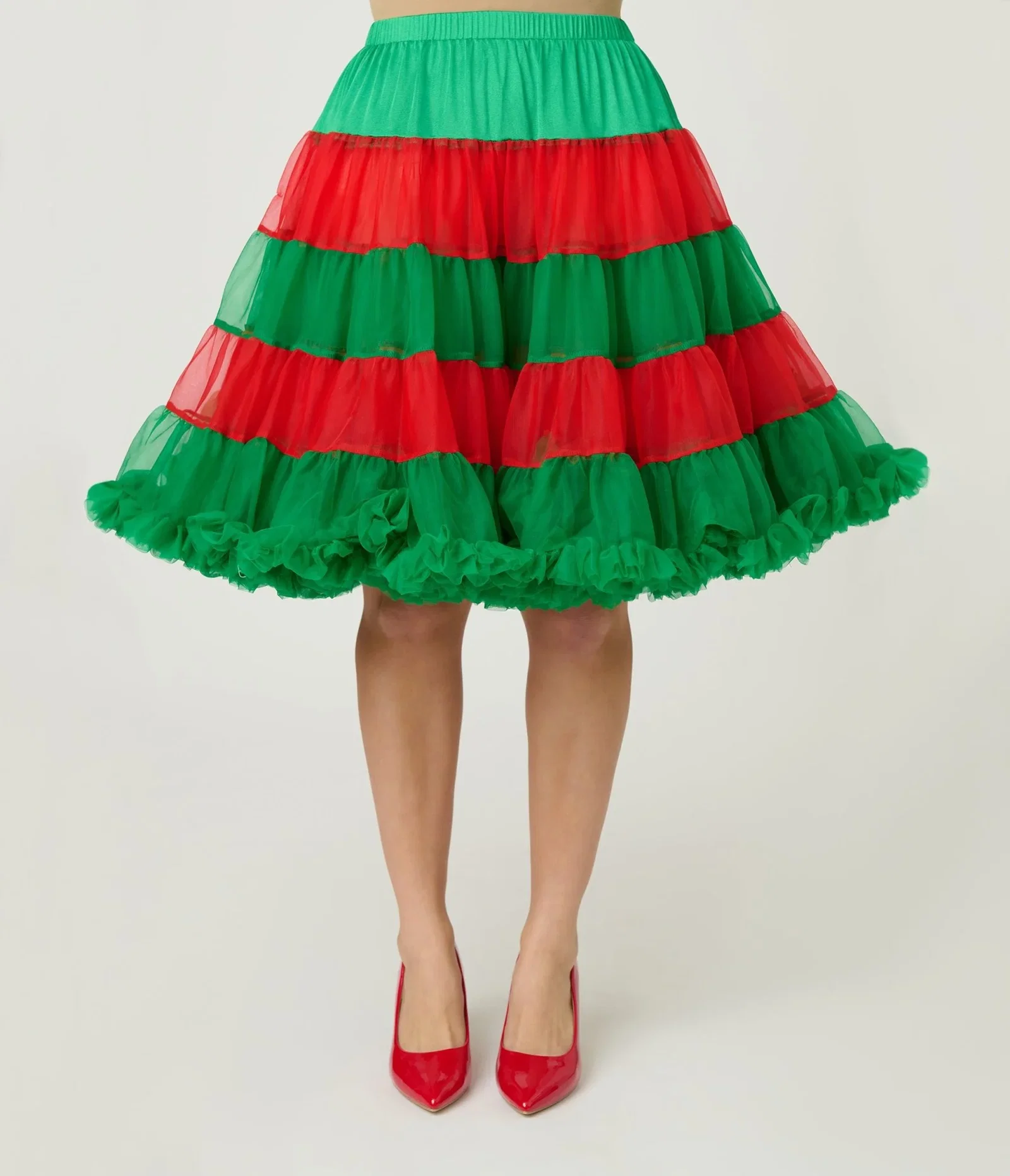 Image of Unique Vintage Red & Green Christmas Stripe Ruffled Petticoat Crinoline