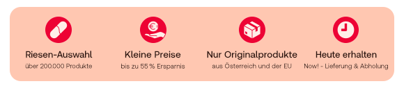 Vier Icons mit kurzen Vorteilen: große Produktauswahl über 200.000 Artikel, kleine Preise mit bis zu 55 % Ersparnis, Originalprodukte aus Österreich und der EU, sowie Lieferung oder Abholung am selben Tag.