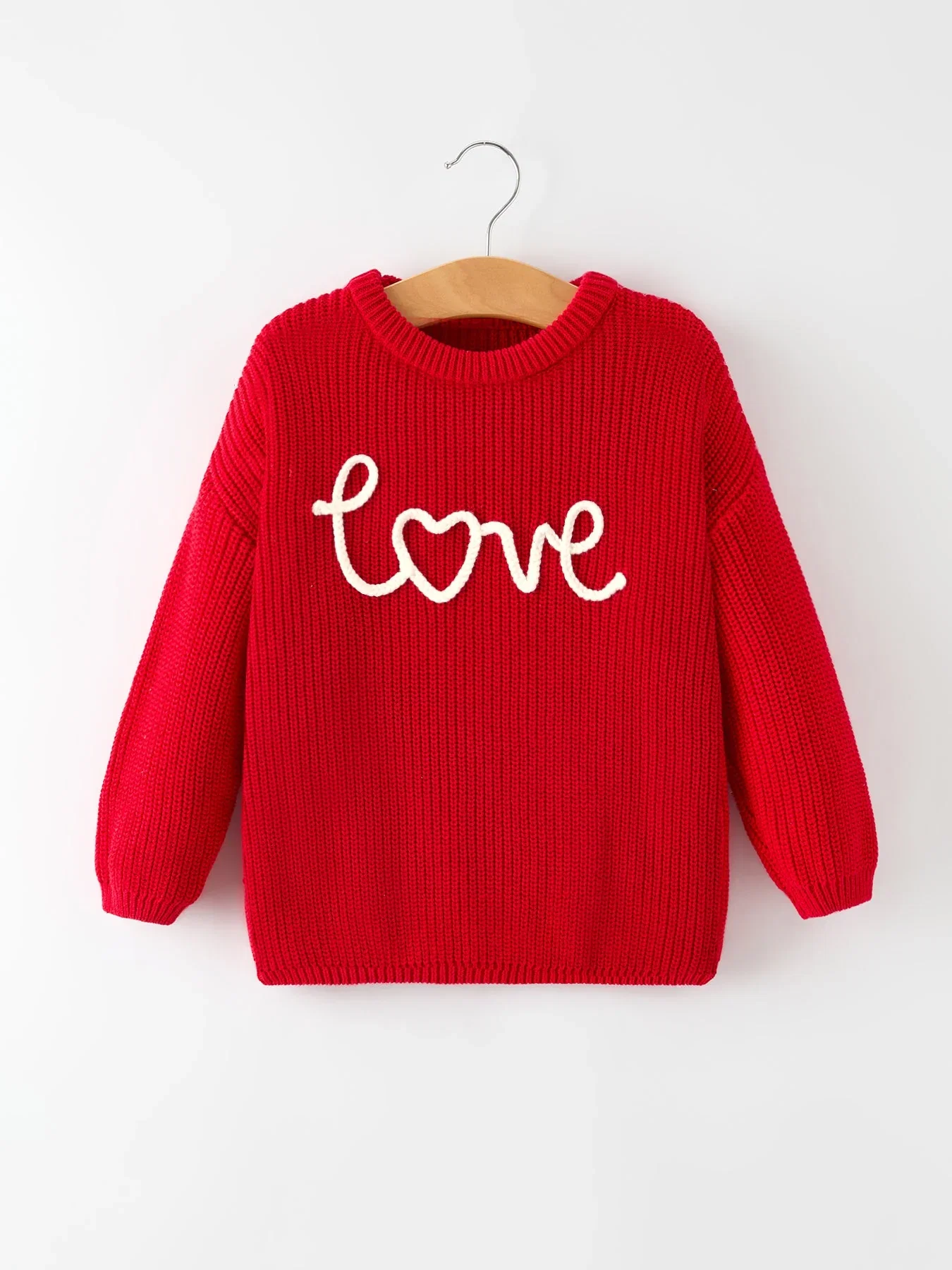 Image of Valentine’s Day Girls Red Knit Sweater – "Love" Heart Embroidery Long Sleeve Pullover