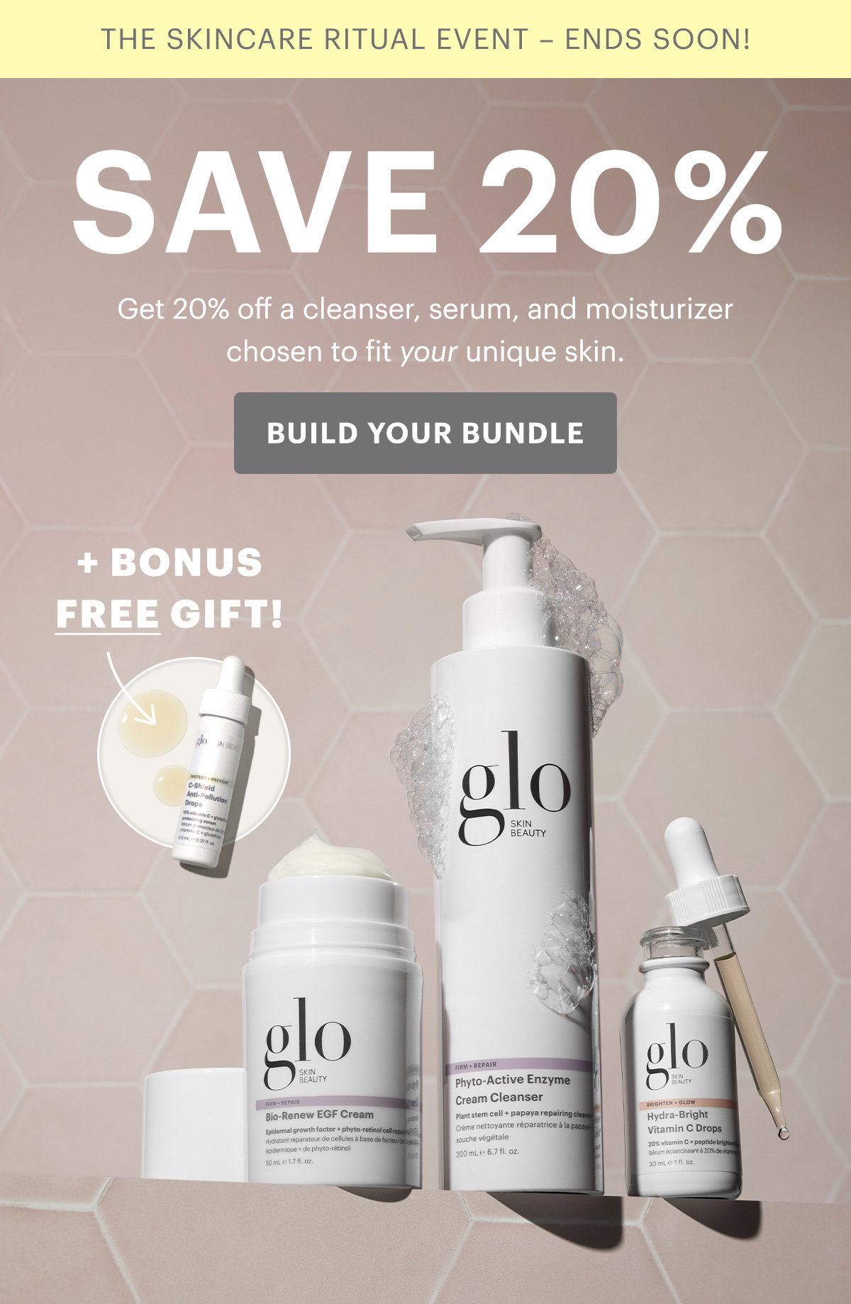 Save 20% off a cleanser, serum and moisturizer chosen to fit your unique skin.