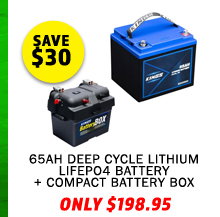 12V 65Ah Deep Cycle Lithium LiFePO4 Battery + Compact Battery Box