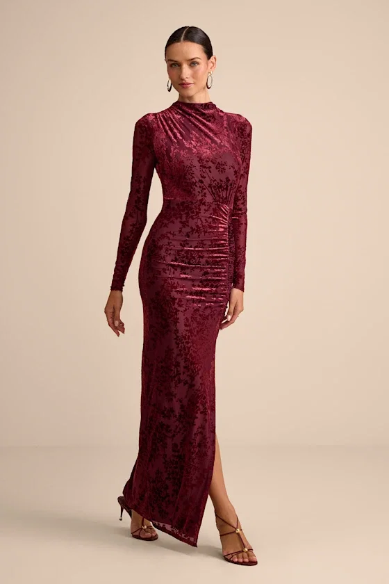 Image of Neilina Burgundy Velvet Jacquard Mock Neck Maxi Dress