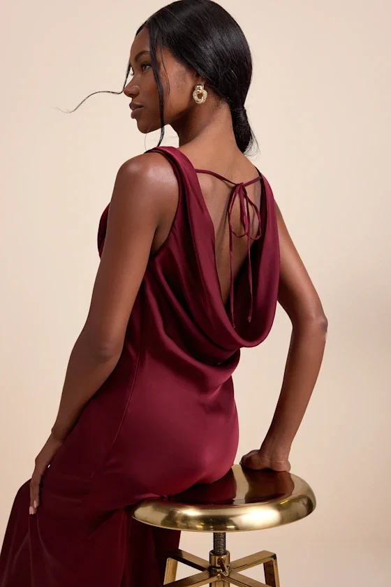 Image of Aernah Wine Red Satin Cowl Tie-Back Slip Maxi Dress