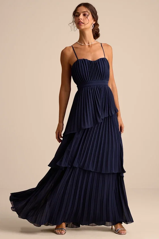 Image of Jehona Navy Blue Pleated Tiered Maxi Dress