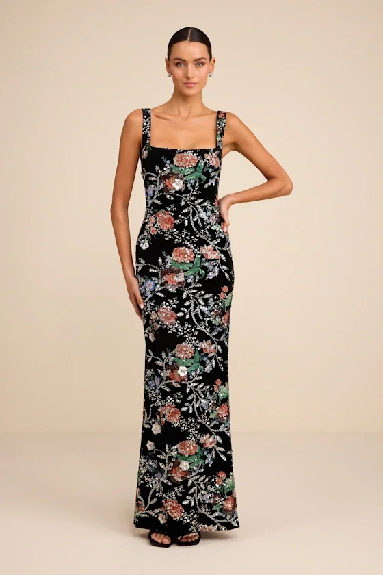Image of Camesha Black Multi Floral Velvet Sequin Maxi Dress