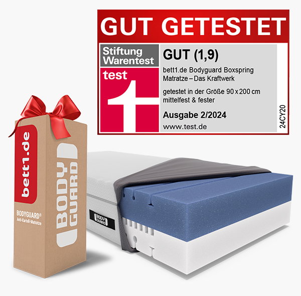 Die BODYGUARD Boxspring Matratze mit geöffnetem Bezug. Daneben ein bett1 Versandkarton mit Schleife. Siegel: Stiftung Warentest