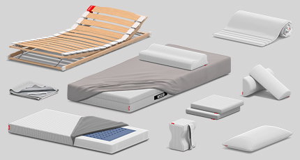 Verschiedene Produkte von bett1.de wie etwa Matratzen, Kissen und ein Lattenrost
