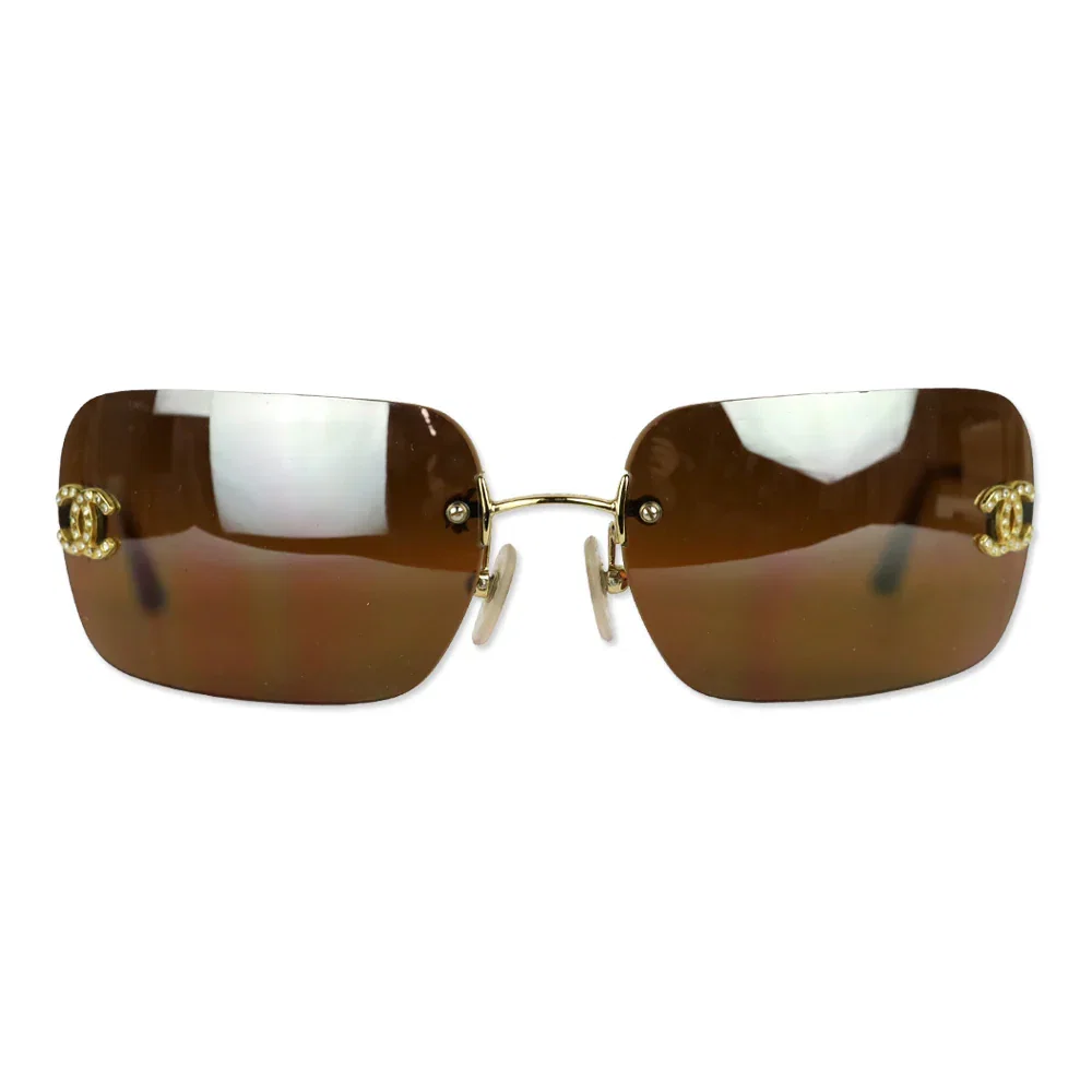 Chanel 4017-D Gold Rimless Square CC Rhinestone Brown Tinted Sunglasses