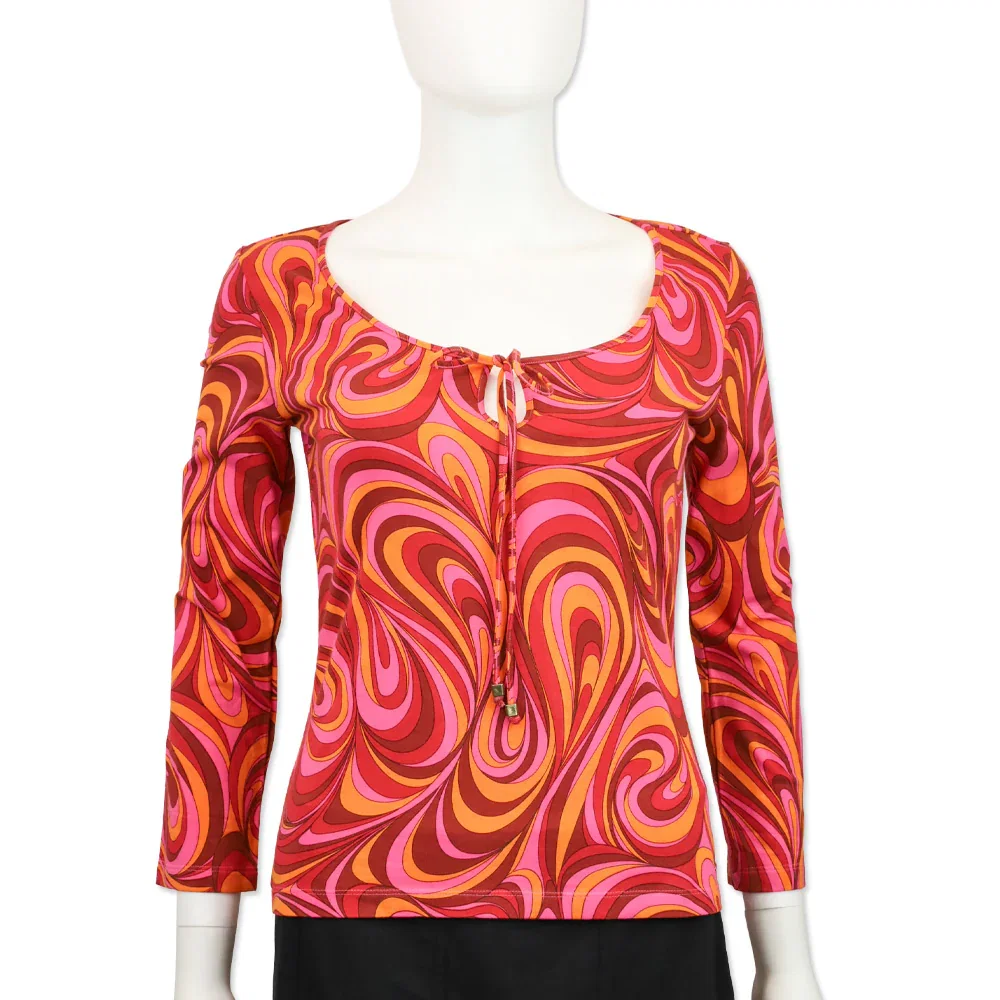 Celine by Michael Kors Pink Orange Swirl Print Keyhole Long Sleeve Top