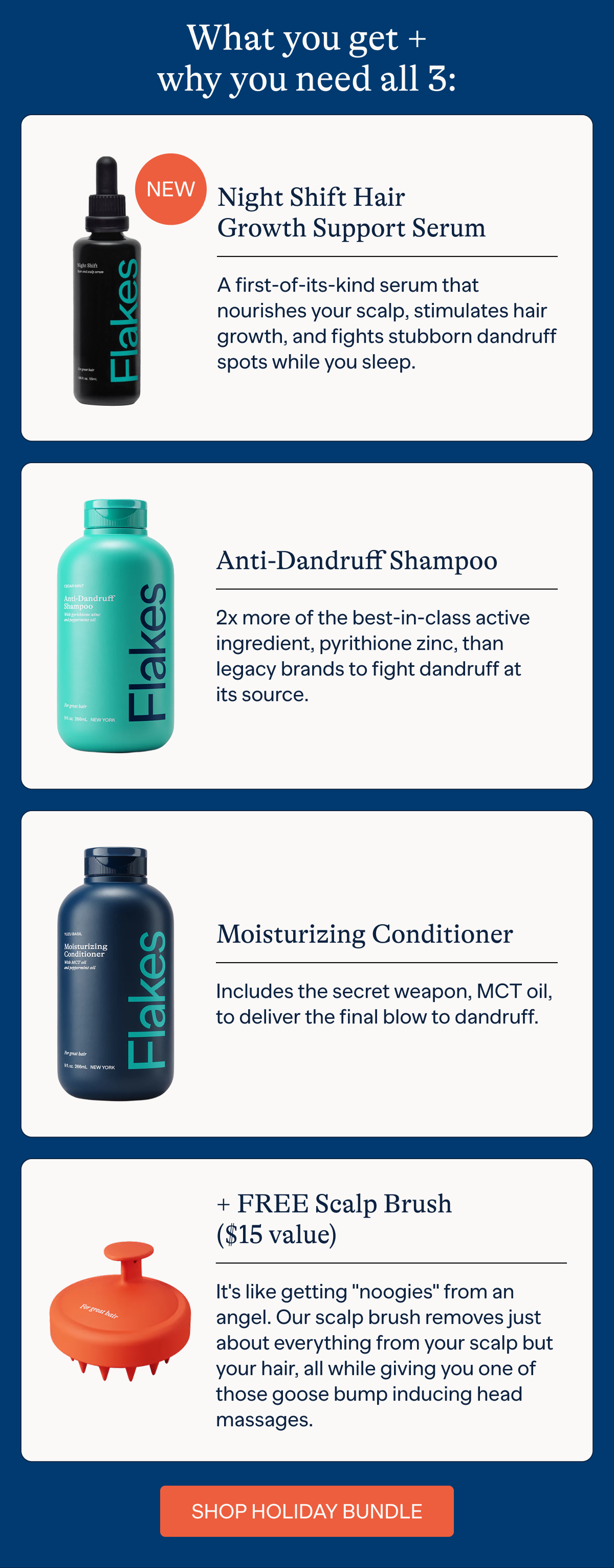 What you get + why you need all 4: NEW! Night Shift Hair Growth Support Serum - A first-of-its-kind serum that nourishes your scalp, stimulates hair growth, and fights stubborn dandruff spots while you sleep. | Anti-Dandruff Shampoo - 2x more of the best-in-class active ingredient, pyrithione zinc, than legacy brands to fight dandruff at its source. | Moisturizing Conditioner - Includes the secret weapon, MCT oil, to deliver the final blow to dandruff. | + FREE Scalp Brush ($15 value) - It's like getting "noogies" from an angel. Our scalp brush removes just about everything from your scalp but your hair all while giving you one of those goose-bump inducing head massages. | SHOP THE HOLIDAY BUNDLE