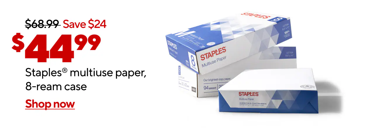 Only $44.99 for Staples multiuse copy paper, 8.5 x 11, 8-ream case.