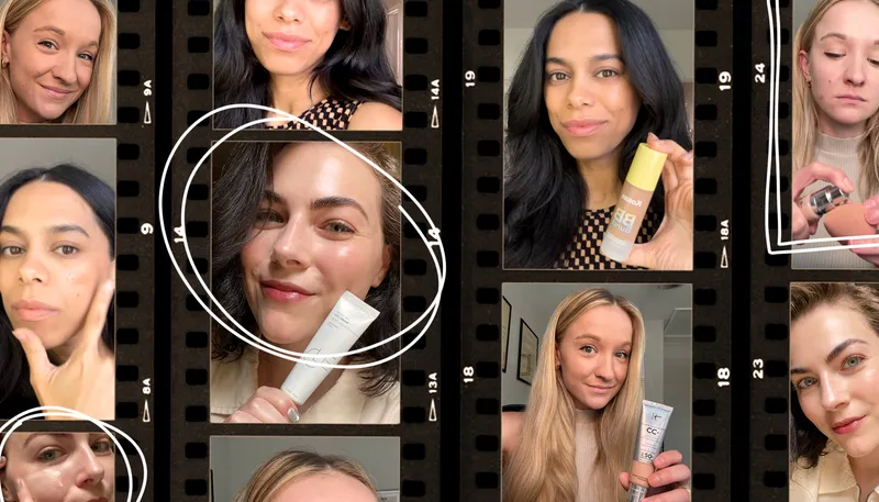 Film strips with images of people smiling with beautiful skin while holding small cosmetic tubes 