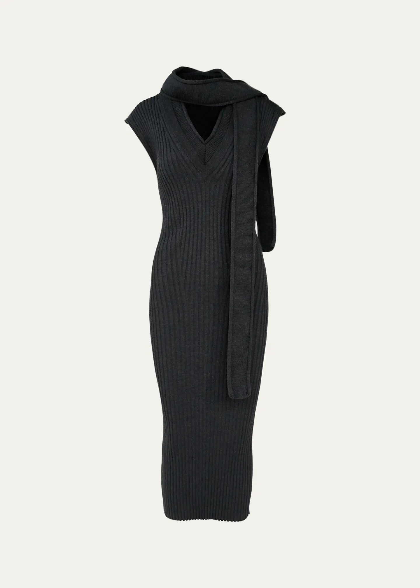 Scarf-Neck Sleeveless Rib Knit Midi Dress