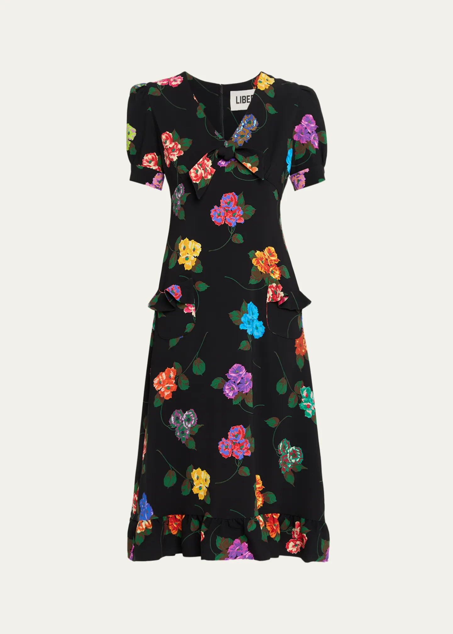 Antique Primrose Silk Puff-Sleeve Midi Dress