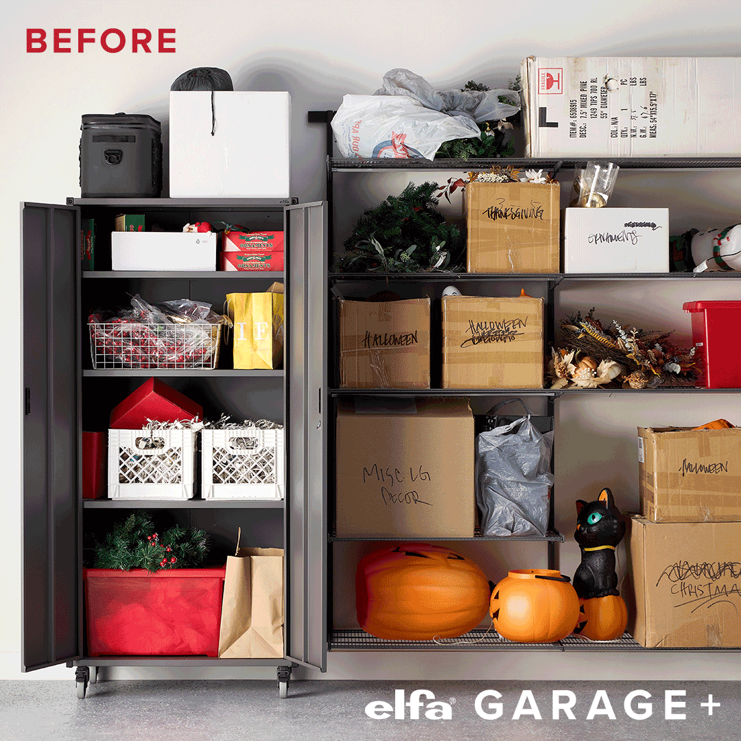 Before and after gif of holiday storage in a garage