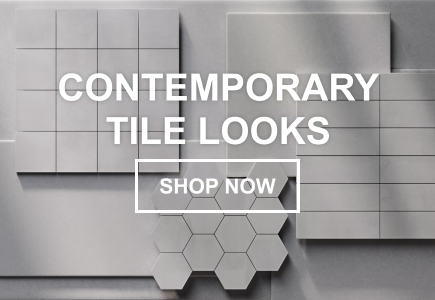 Text on image: Contemporary Tile Looks Image: Flat lay of pale gray porcelain tile showing mosaics, geometric shapes, subway tile shape, and more