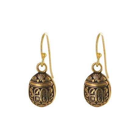 A pair of drop earrings with scarab beetle bead pendants inspired by ancient Egypt. - Shop Now.