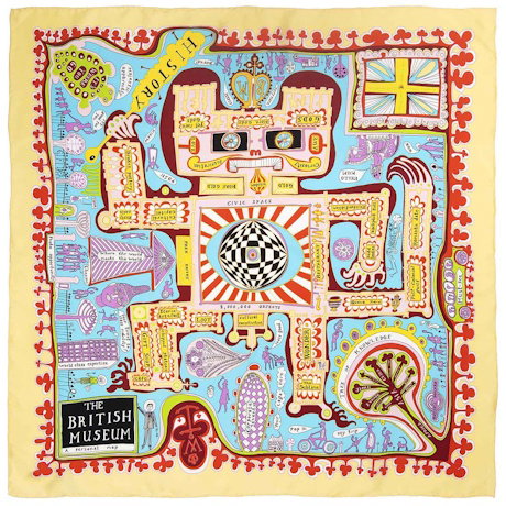 A vibrant silk scarf featuring a satirical Museum map design by Grayson Perry. - Shop Now.  