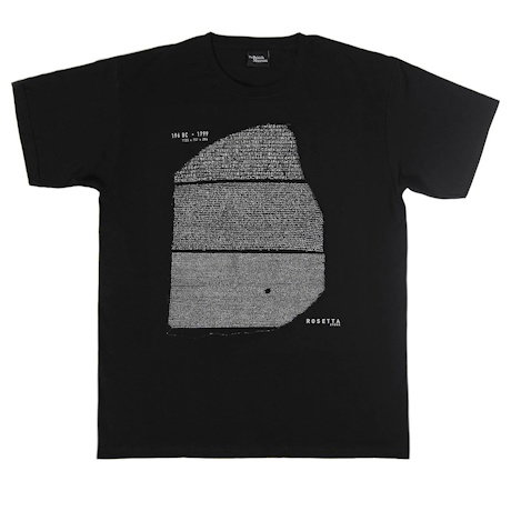 A black cotton t-shirt featuring a design inspired by the Rosetta Stone. - Shop Now.