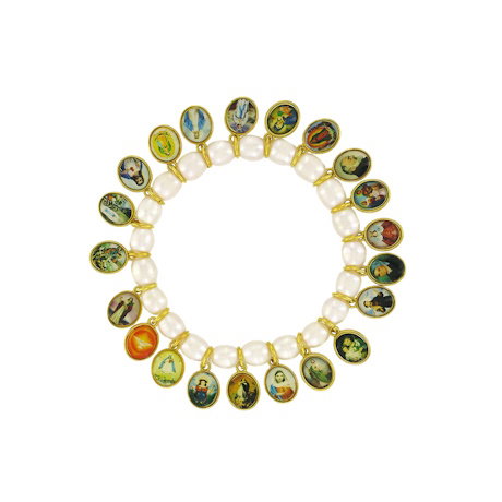 A pearl bracelet inspired by prayer beads featuring several Christian icons. – Shop Now. 