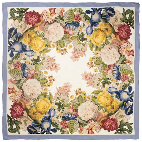 A silk scarf featuring a floral design inspired by the artwork of Jan van Huysum. – Shop Now.