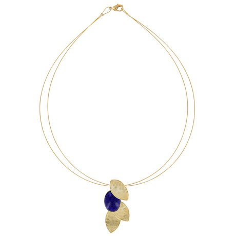 A gold-plated necklace with a hand-forged leaf pendant and vibrant lapis lazuli gemstone. – Shop Now.