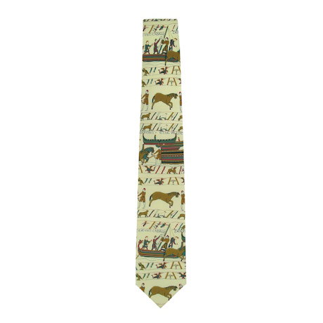 A silk necktie featuring a print from the 11th century embroidered Bayeux Tapestry. - Shop Now.