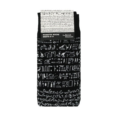 A pair of men's black socks featuring a design inspired by the Rosetta Stone. - Shop Now