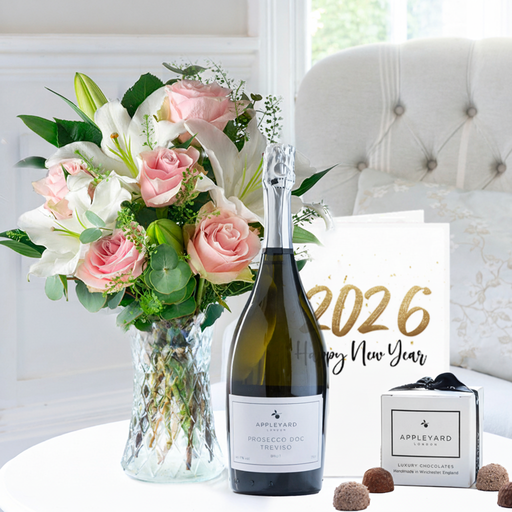 Image of Simply Pink Rose & Lily, 6 Truffles, Prosecco & New Year Card