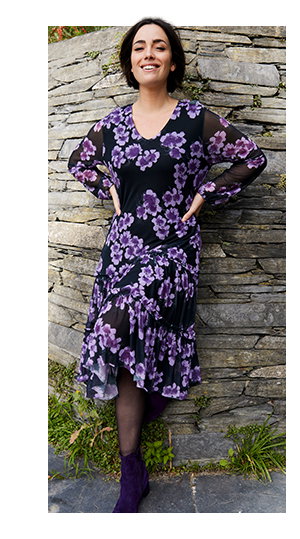 Vestido midi, de doble capa, flores, escote en V, manga larga