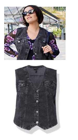 Chaleco vaquero, cuello en V, dobladillo de encaje, costuras decorativas