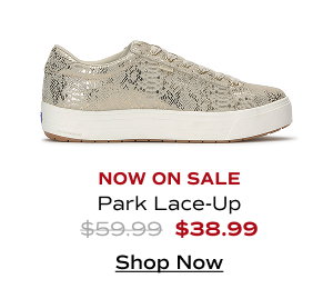 A side view of the now-on-sale Park Metallic Snake Print Suede Lace-Up in gold which was $59.99 and is now $38.99 for a limited time. Shop Now.