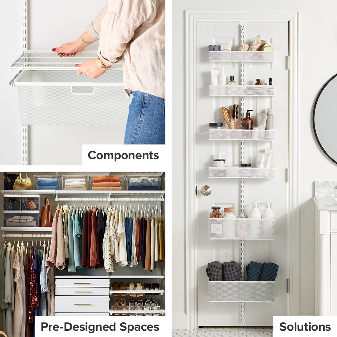 Elfa Components, Elfa Pre-Designed Spaces, and Elfa Solutions