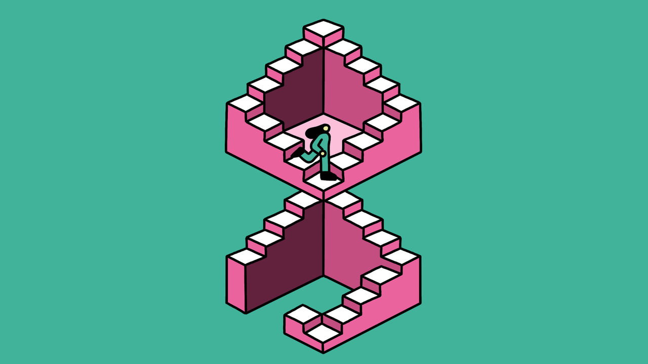A woman going down stairs made in a loop and with a gap in them.