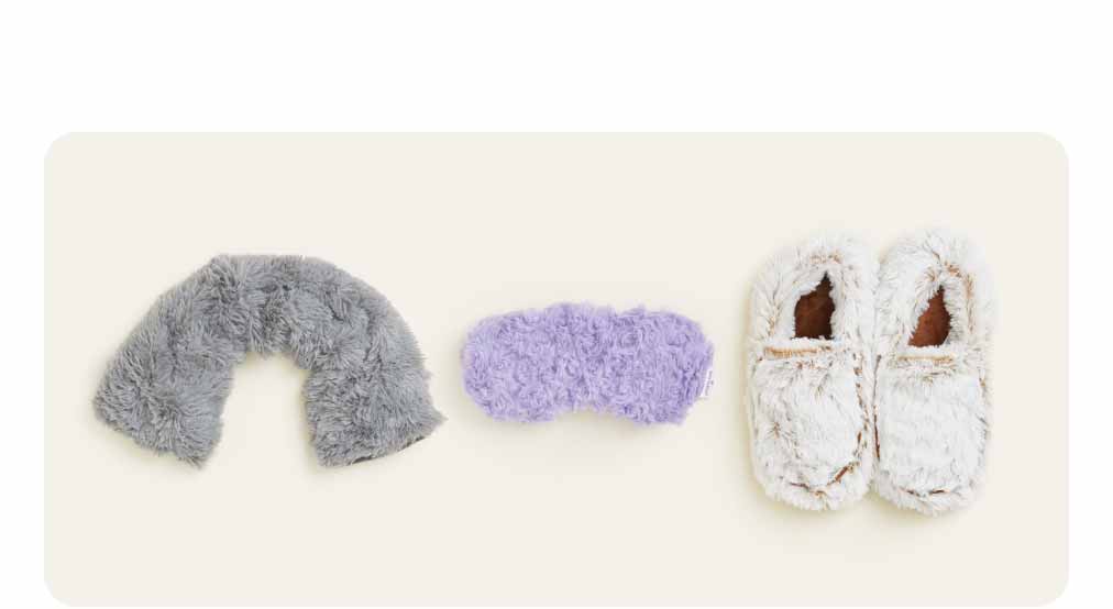 Self-Care Collection Warmies on a beige background. Shop Now.