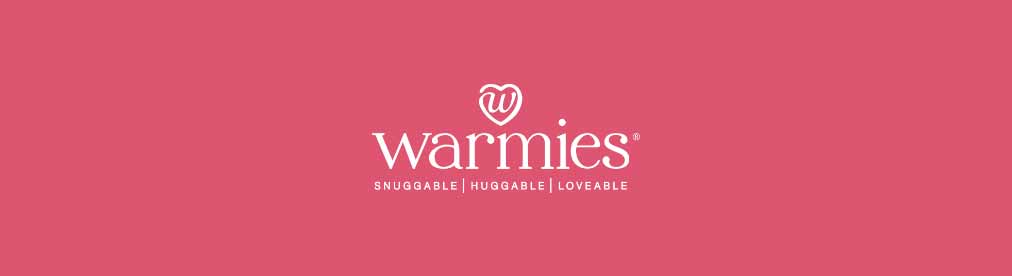 Warmies logo in white against a pink background. Shop Warmies.
