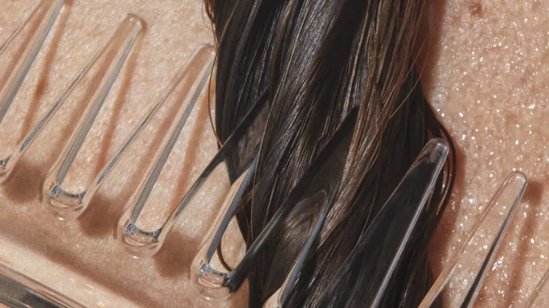 Image contains a close up of a comb on a model's hair