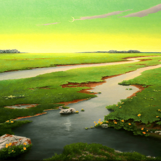 painting of bucolic field and rivers