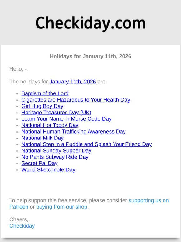 Checkiday: Holidays for January 11th, 2026! 📅🎉 | Milled